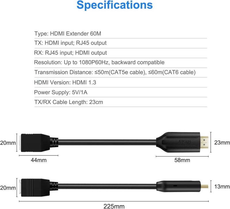 Wiistar HDMI Extender Over Cat5e/6 HDMI to RJ45 Extender Ethernet Network Converter Cable Repeater 1080P up to 60m HD MI Transmitter and Receiver for HDTV STB - Image 3